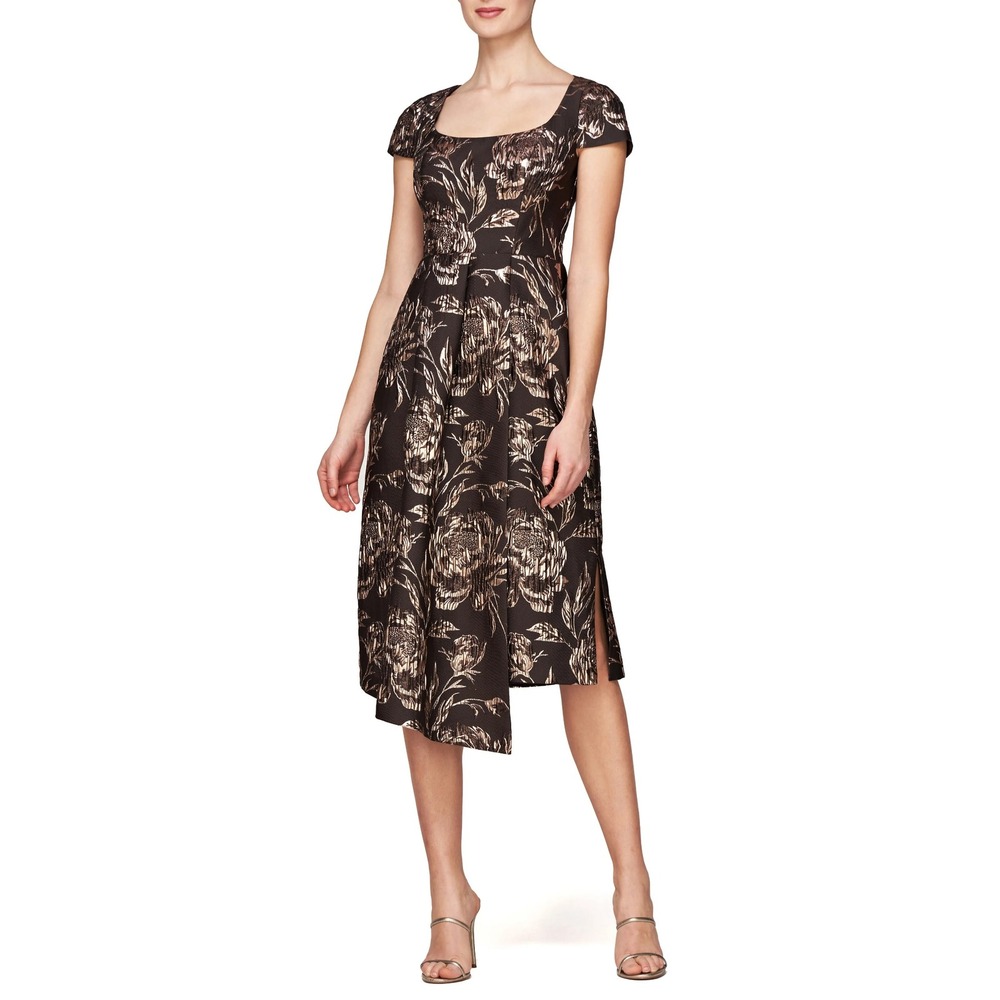 Kay Unger Marjorie Midi Dress Women 10 Gold Bronze Floral Brocade Cocktail Glam
